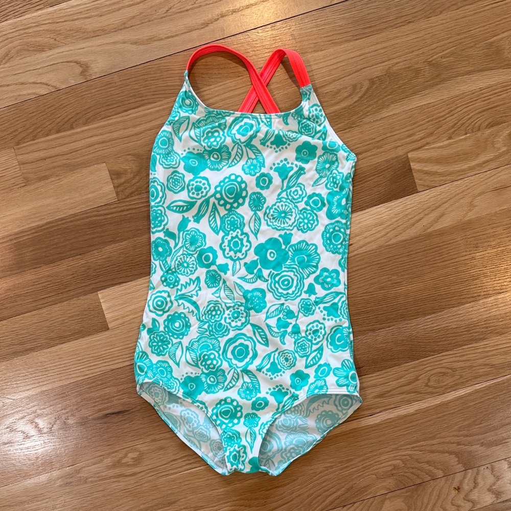 Mini Boden Floral One Piece with Red Straps